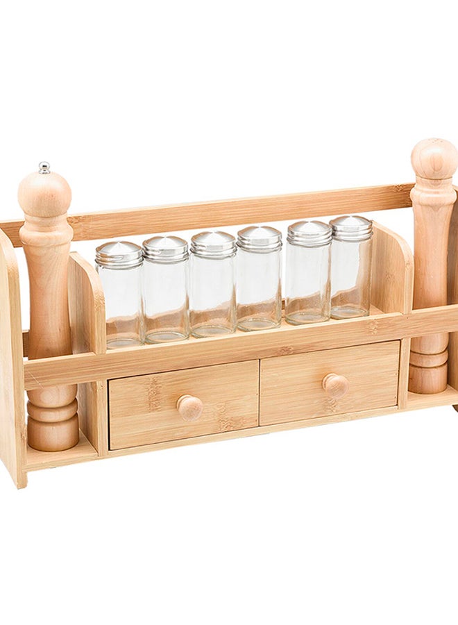 9-Piece Bamboo Seasoning Set with Rack Beige and Clear 28.5 x 10.7 x 47 cm G18-X040