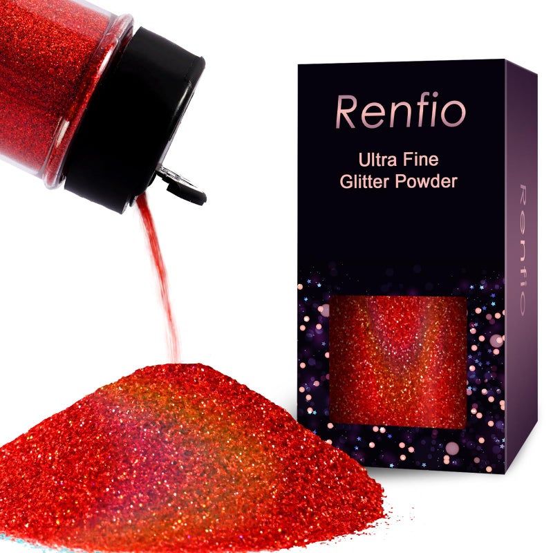 Renfio Holographic Ultra Fine Glitter Powder Metallic Resin Glitter 2.11 Oz (60g) PET Flakes Crafts Sequins 1/128" 0.008" 0.2mm Epoxy Chips Flakes for Tumblers Slime Roses Decorations - Laser Red - Image 1