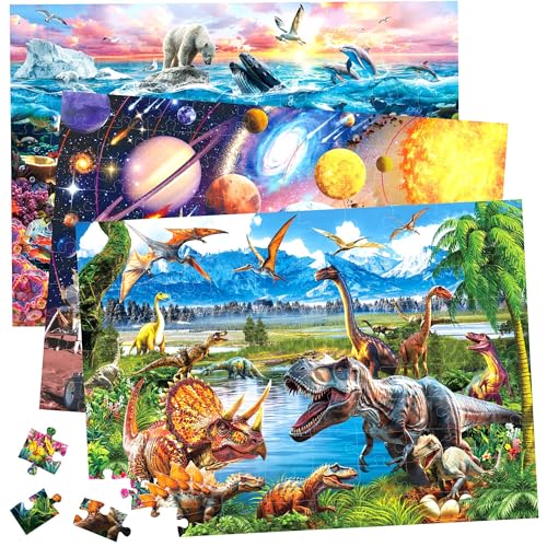 BenBen Puzzles for Kids Ages 46 3 Pack 100 Pieces Large Puzzles for Toddlers 35 Dinosaurs Outer Space Ocean Life Learning Educational Games for Kids 68 1975 x 1375 - Image 1