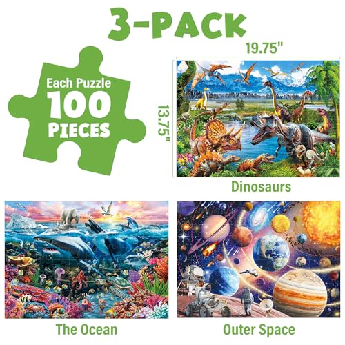 BenBen Puzzles for Kids Ages 46 3 Pack 100 Pieces Large Puzzles for Toddlers 35 Dinosaurs Outer Space Ocean Life Learning Educational Games for Kids 68 1975 x 1375 - Image 5