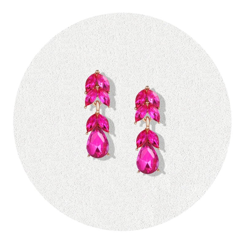WanBigVa Hot Pink Rhinestone Teardrop Dangle Earrings Sparkle Crystal Bridal Earrings for Brides Bridesmaides Earrings for Women Wedding Pageant Prom - Image 1
