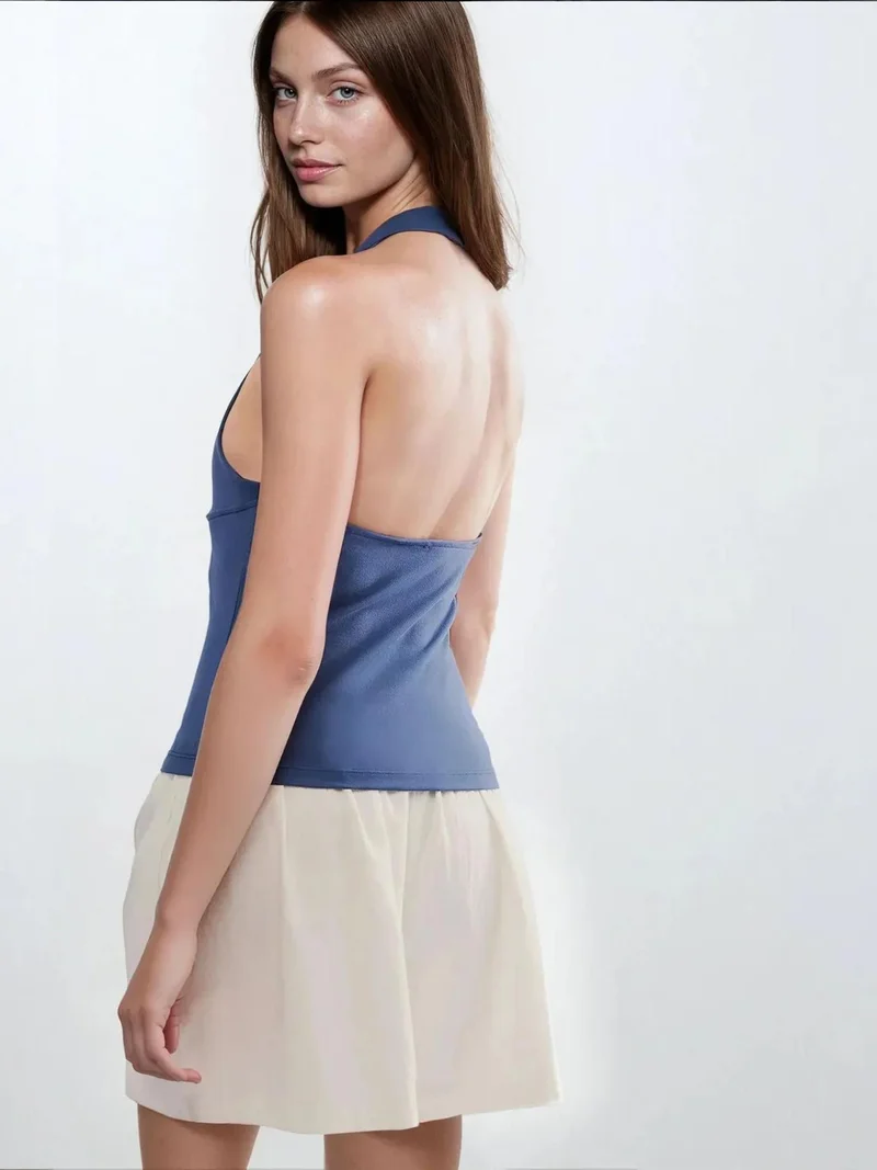 HICCUP Oxford Blue Fitted V-Neck Knitted Top for Women | Best Price UAE