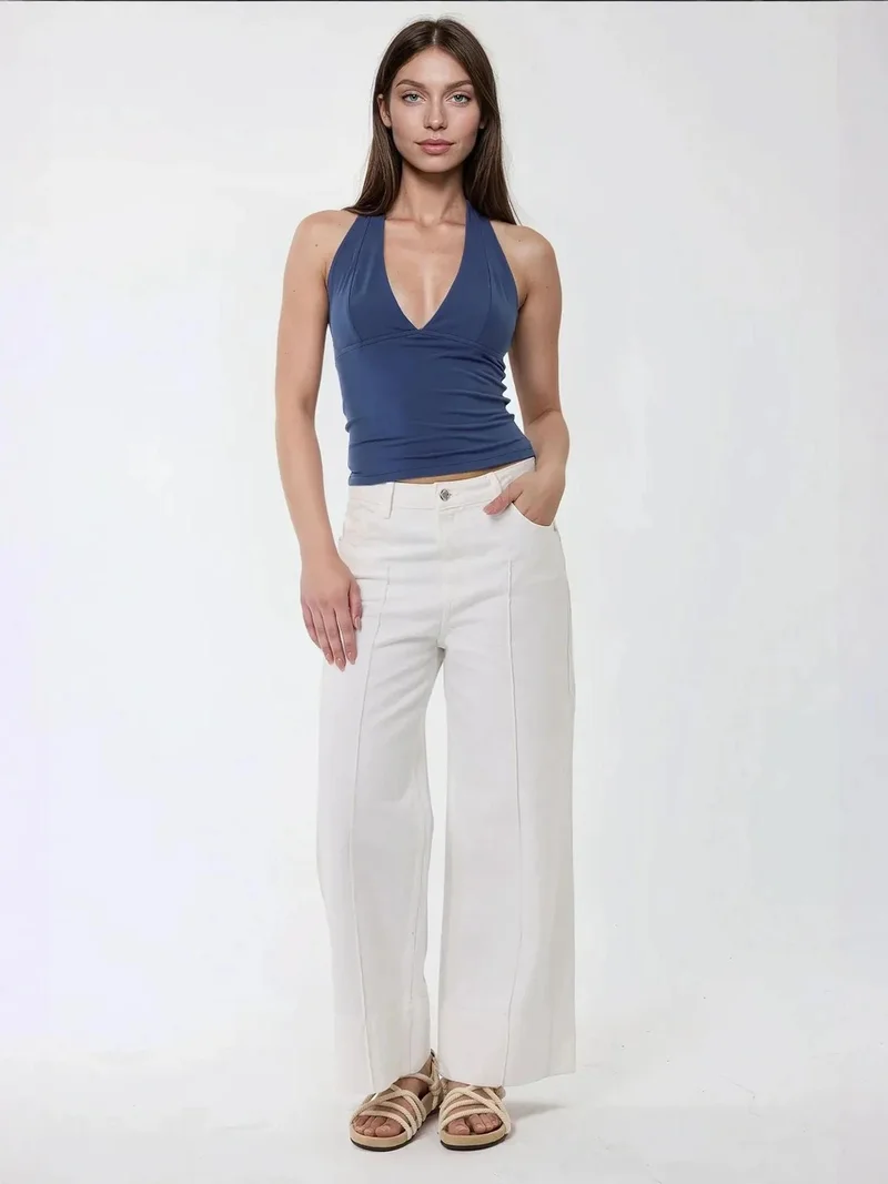 HICCUP Oxford Blue Fitted V-Neck Knitted Top for Women | Best Price UAE