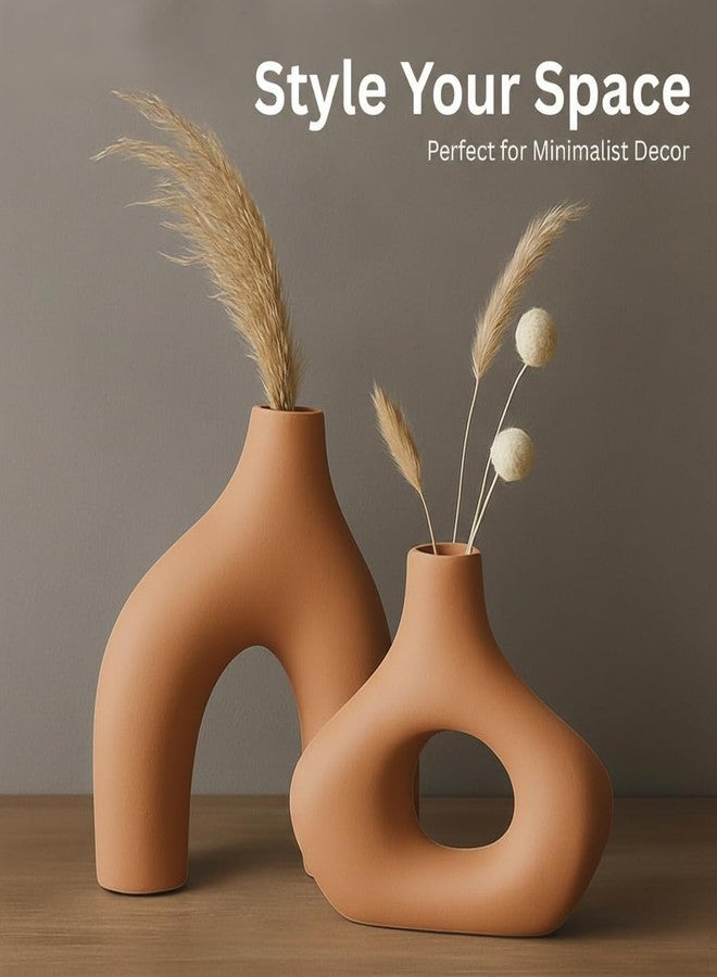 PUREZENTO مزهرية دونات سيراميك بنية اللون بتصميم تجريدي من PUREZENTO، مقاس 5.4 و 7.7 بوصة - طقم من قطعتين | مزهرية عصرية فريدة من نوعها للزهور المجففة ونبات البامباس | مزهريات لديكور المنزل العصري، غرفة المعيشة، أفكار لتزيين المكتب - Image 4