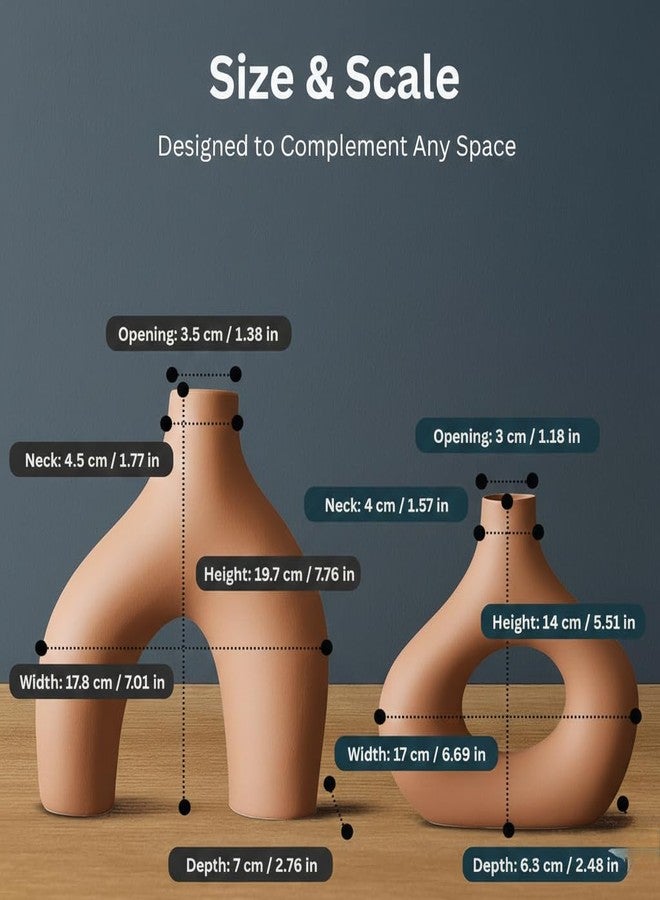 PUREZENTO مزهرية دونات سيراميك بنية اللون بتصميم تجريدي من PUREZENTO، مقاس 5.4 و 7.7 بوصة - طقم من قطعتين | مزهرية عصرية فريدة من نوعها للزهور المجففة ونبات البامباس | مزهريات لديكور المنزل العصري، غرفة المعيشة، أفكار لتزيين المكتب - Image 2