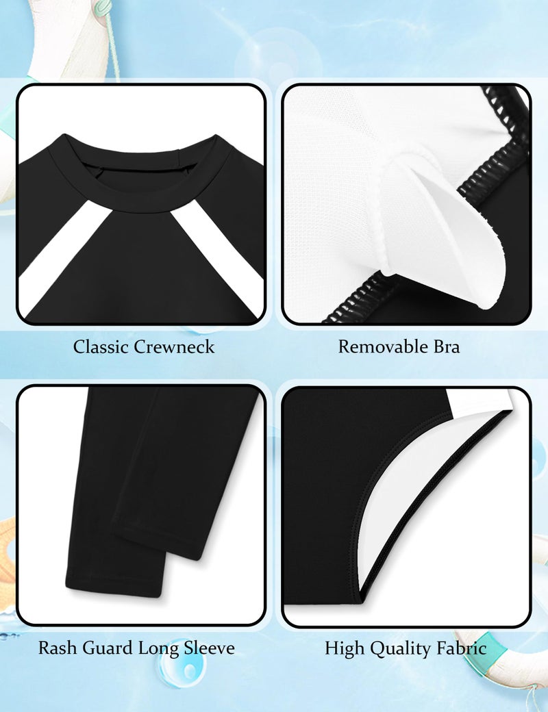 TyeSmo Girls Swimsuits Size 10-12 Rash Guard Swimsuit Long Sleeve Girls Bathing Suits Size 10-12 Two Piece Color Block Swimsuit for Girl 10 12 UPF 50+ Sun Protection Padded Swimwear Black - Image 5