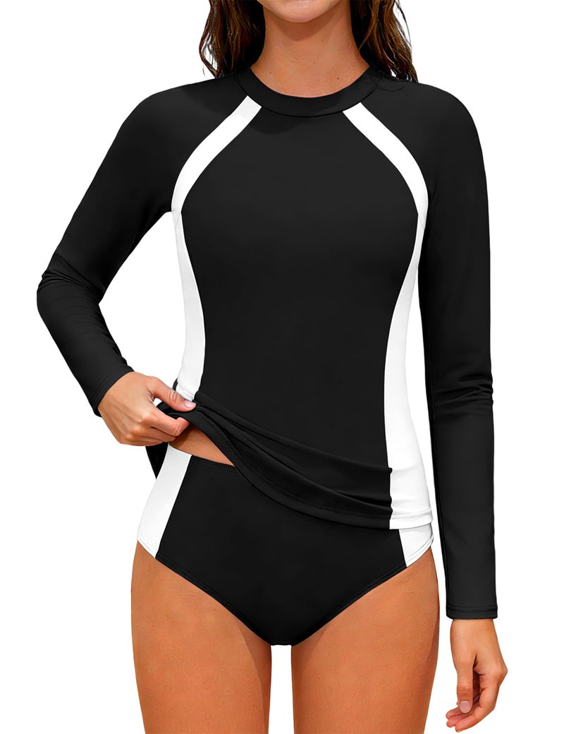 TyeSmo Girls Swimsuits Size 10-12 Rash Guard Swimsuit Long Sleeve Girls Bathing Suits Size 10-12 Two Piece Color Block Swimsuit for Girl 10 12 UPF 50+ Sun Protection Padded Swimwear Black - Image 1