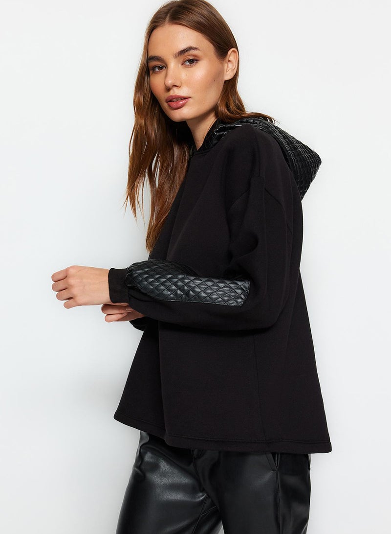 trendyol Black Thick Fleece Inside Quilted Oversize/Wide Cut Hooded Knitted Sweatshirt - Image 1
