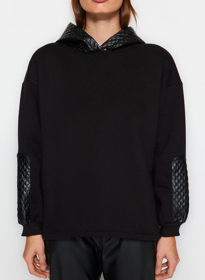 trendyol Black Thick Fleece Inside Quilted Oversize/Wide Cut Hooded Knitted Sweatshirt - Image 4