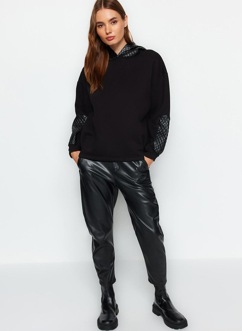 trendyol Black Thick Fleece Inside Quilted Oversize/Wide Cut Hooded Knitted Sweatshirt - Image 2
