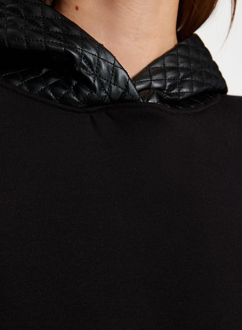 trendyol Black Thick Fleece Inside Quilted Oversize/Wide Cut Hooded Knitted Sweatshirt - Image 5