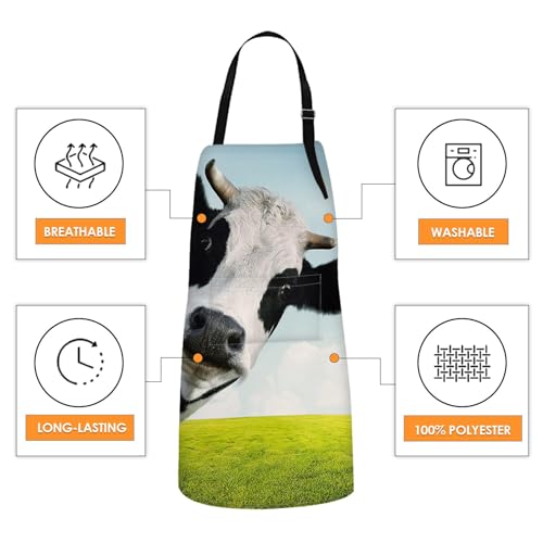 Britimes Apron Home Kitchen Waterproof Cooking Baking Gardening for Women Men With Pockets Funny Cow On Green Grassland 32x28 inch - Image 3
