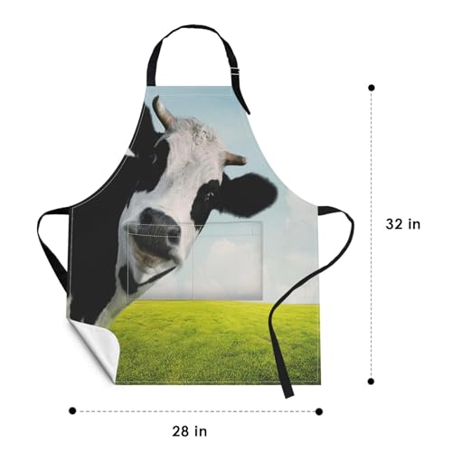 Britimes Apron Home Kitchen Waterproof Cooking Baking Gardening for Women Men With Pockets Funny Cow On Green Grassland 32x28 inch - Image 2