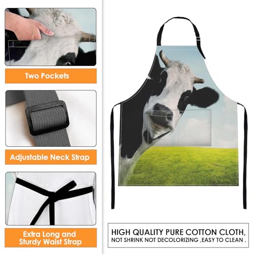Britimes Apron Home Kitchen Waterproof Cooking Baking Gardening for Women Men With Pockets Funny Cow On Green Grassland 32x28 inch - Image 4