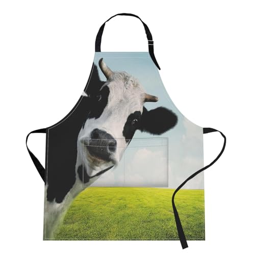 Britimes Apron Home Kitchen Waterproof Cooking Baking Gardening for Women Men With Pockets Funny Cow On Green Grassland 32x28 inch - Image 1