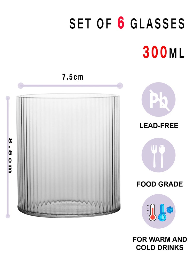 6-Piece Transparent 300Ml Ribbed Drinking Glasses With Thin Base – Vertical Striped Design Glass Cups For Beverage Serving & Daily Use
