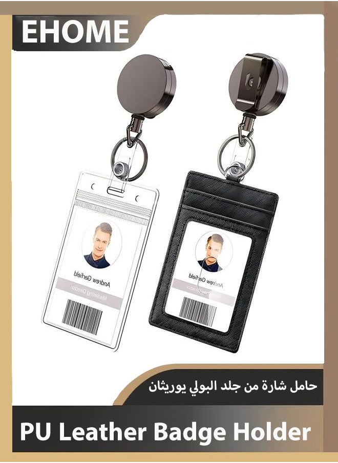 EHOME Heavy Duty Metal Retractable Badge Holder Reel with Belt Clip Key Ring, Waterproof Vertical Clear ID Card Holder and PU Leather Badge Holder  - Image 1
