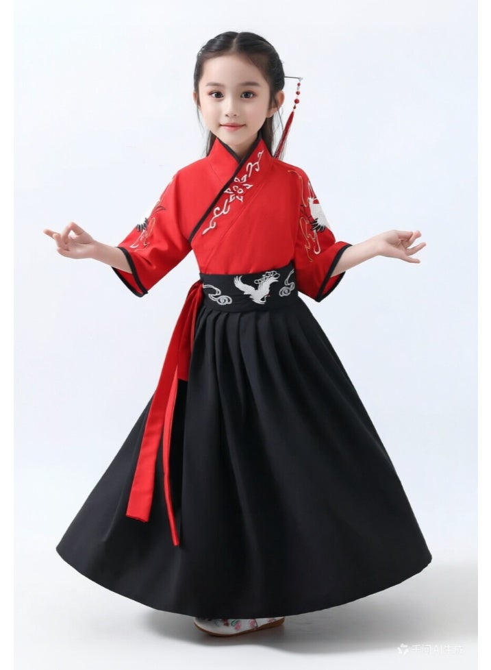 liannaner Brand Name Kids Hanfu Traditional Chinese Costume, Red and Black Crane Embroidery Tang Suit for Girls, Ancient Style Outfit for Cosplay, Stage Performance, Halloween, Ages 3-12 - Image 1
