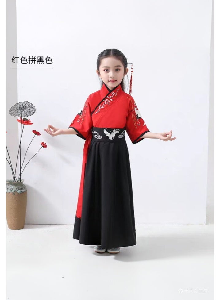 liannaner Brand Name Kids Hanfu Traditional Chinese Costume, Red and Black Crane Embroidery Tang Suit for Girls, Ancient Style Outfit for Cosplay, Stage Performance, Halloween, Ages 3-12 - Image 2