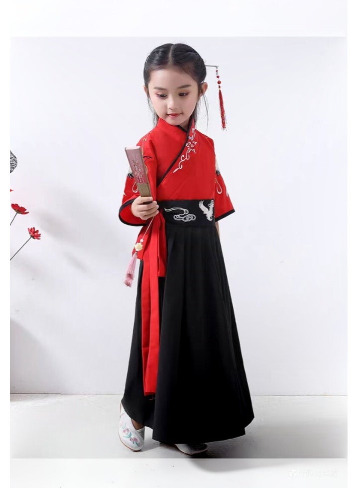liannaner Brand Name Kids Hanfu Traditional Chinese Costume, Red and Black Crane Embroidery Tang Suit for Girls, Ancient Style Outfit for Cosplay, Stage Performance, Halloween, Ages 3-12 - Image 3