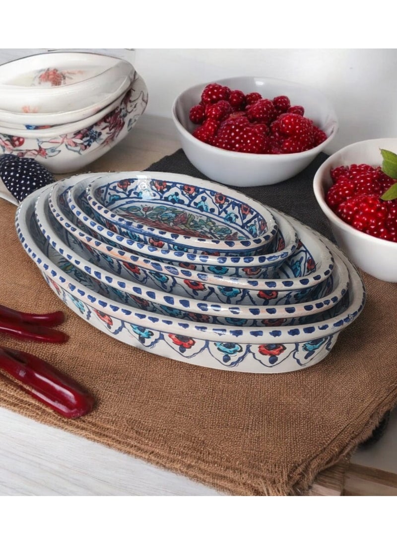 5-piece service set of different sizes made of pottery and porcelain - a distinctive artistic touch - hand-drawn, safe in ovens and microwaves