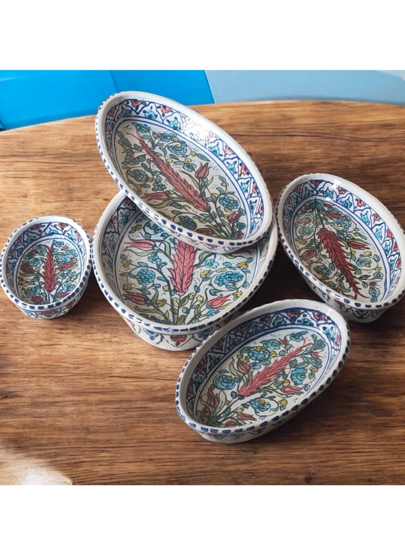 5-piece service set of different sizes made of pottery and porcelain - a distinctive artistic touch - hand-drawn, safe in ovens and microwaves