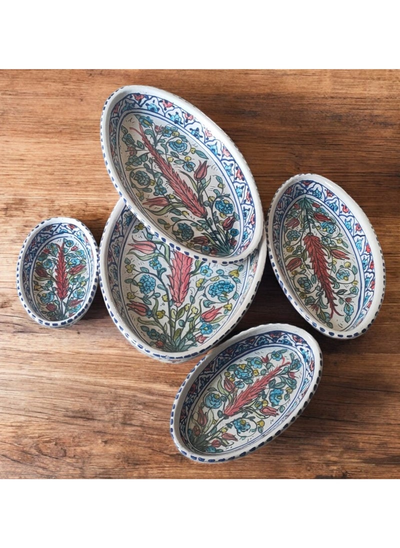 5-piece service set of different sizes made of pottery and porcelain - a distinctive artistic touch - hand-drawn, safe in ovens and microwaves