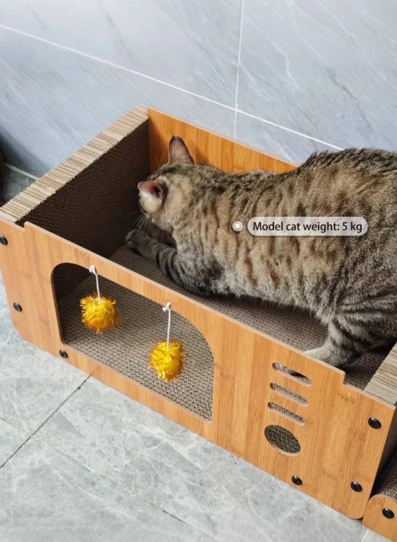 Generic Multi Functional Double-Layer MDF Cat Villa Density Board Corrugated Paper Scratch Resistant Wooden Cat Scratcher House with Interactive Ball with Bell, Cat Cardboard Pad & Durable Claw Board for Indoor Cats  - Image 5
