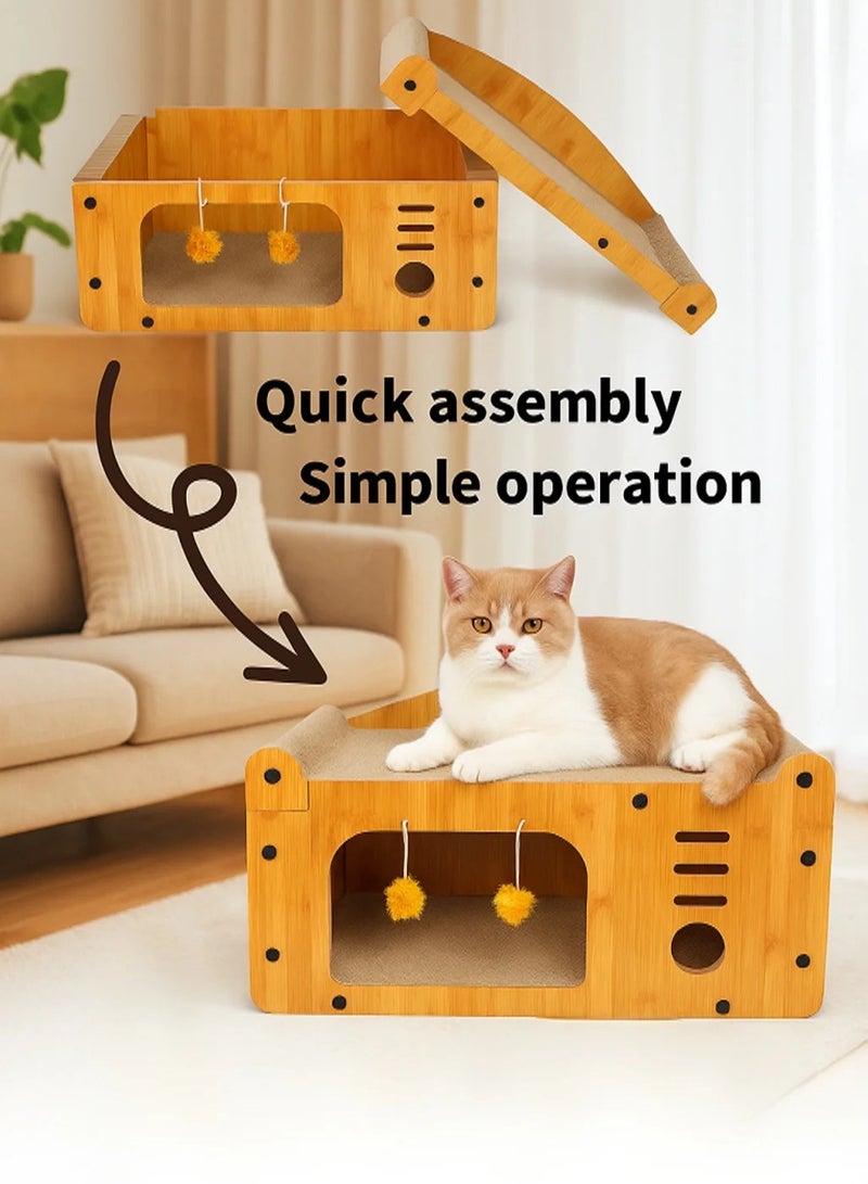 Generic Multi Functional Double-Layer MDF Cat Villa Density Board Corrugated Paper Scratch Resistant Wooden Cat Scratcher House with Interactive Ball with Bell, Cat Cardboard Pad & Durable Claw Board for Indoor Cats  - Image 2