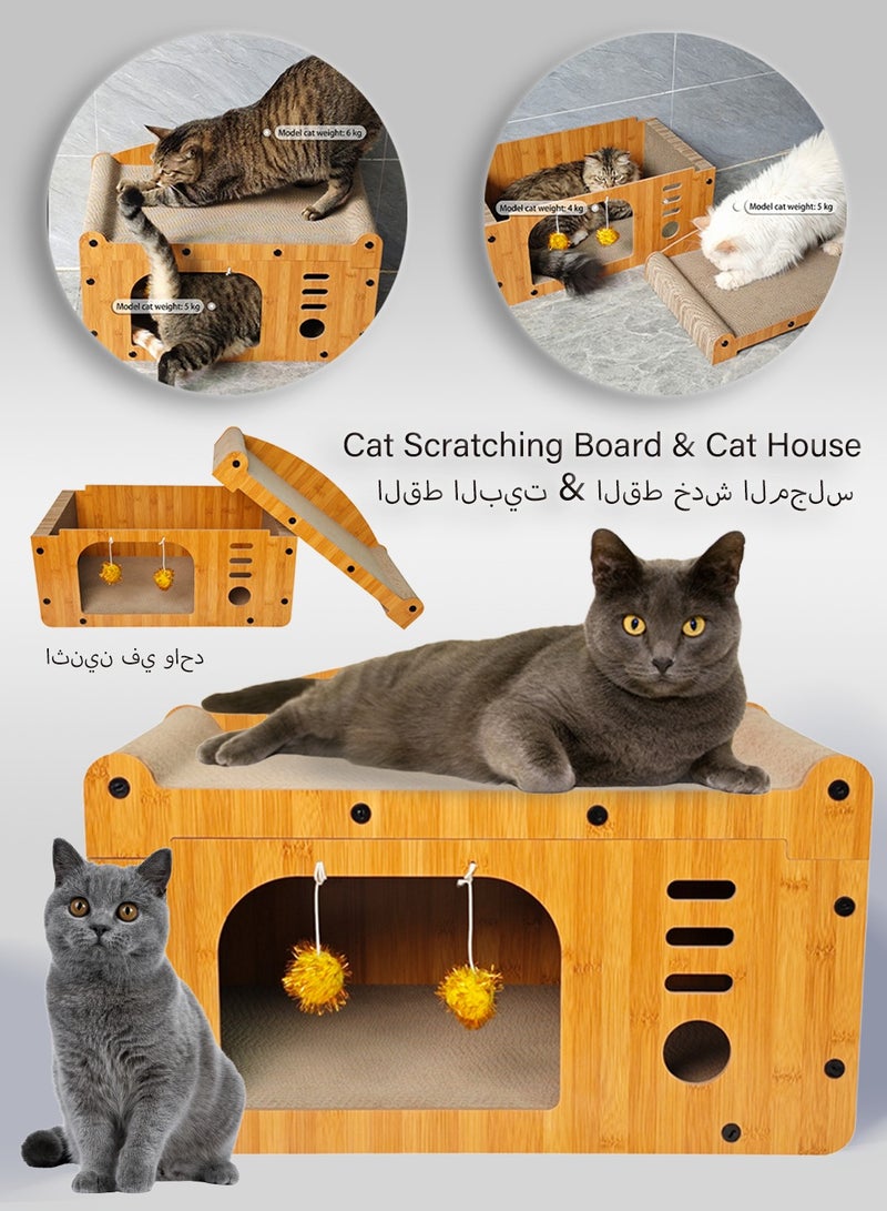 Generic Multi Functional Double-Layer MDF Cat Villa Density Board Corrugated Paper Scratch Resistant Wooden Cat Scratcher House with Interactive Ball with Bell, Cat Cardboard Pad & Durable Claw Board for Indoor Cats  - Image 1