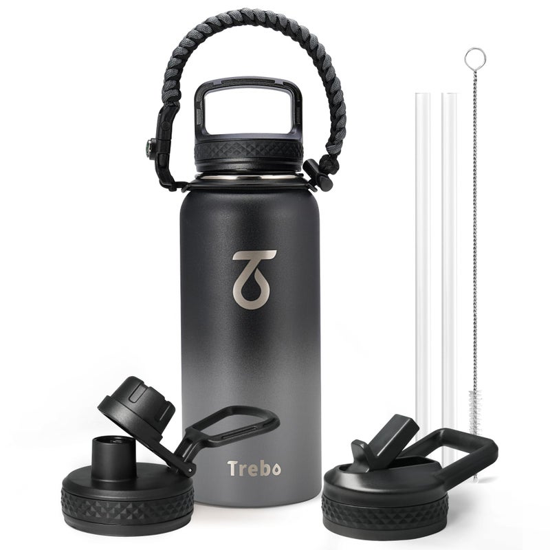 Trebo 32 oz Water Bottle Insulated with Paracord Handle and Straw Vacuum Double Wall Stainless Steel Water Jug Keep Cold 48 Hours  Water Flask with 3 Lids for Men Sports  Travel - Image 1
