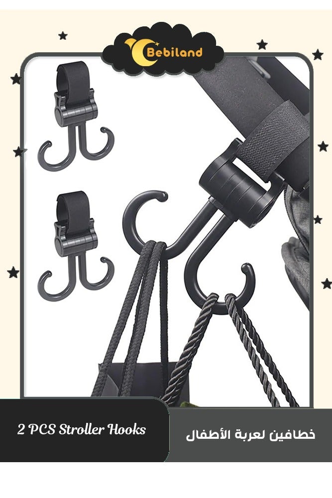 Bebiland 2 Pack 360-Degree Rotating Multi Purpose Stroller Hooks, Stroller Carriage Storage Bag Pram Velcro Hooks, Heavy Duty Non-slip Stroller Universal Hooks Accessories (Black)) - Image 1