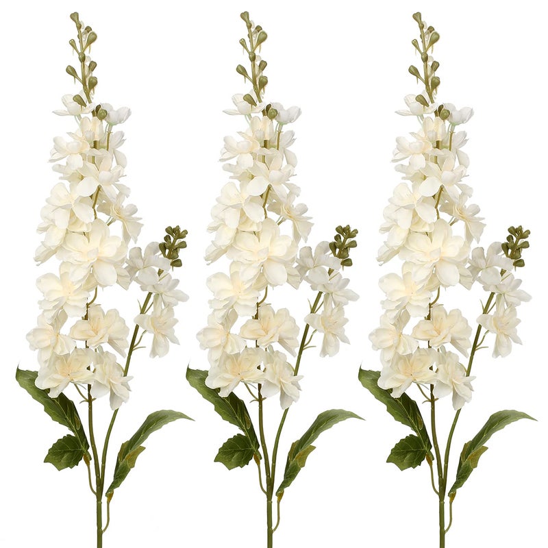 Cream Delphinium Fake Flowers Wedding Bouquet White Blossoms Flowers Stems Silk Garden Larkspur Plant Spray Long Stem Flower for Vase Floral Arrangement Table Centerpiece Decor White Flower 3 Pcs