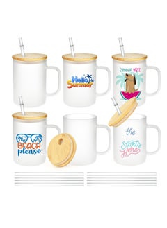 6 Pack Frosted Glass Tumblers with Bamboo Lid and Straw, 17oz Sublimation Can with Handle for DIY Craft Projects