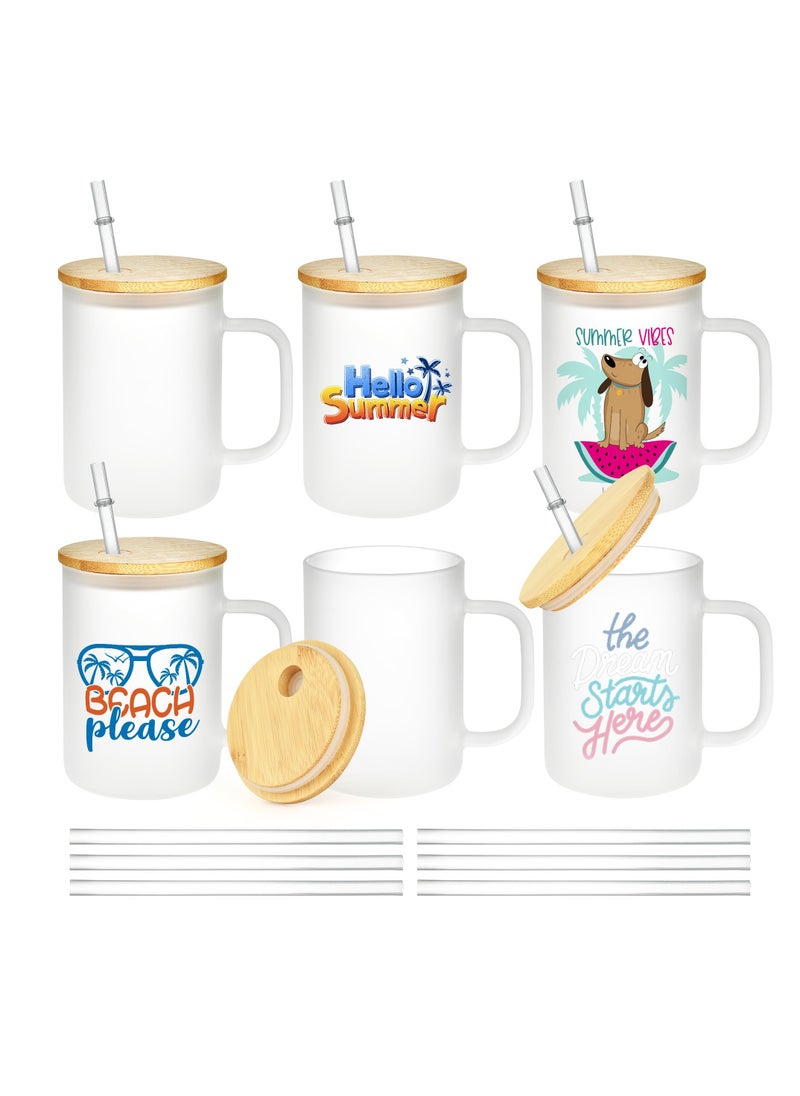 Generic 6 Pack Frosted Glass Tumblers with Bamboo Lid and Straw, 17oz Sublimation Can with Handle for DIY Craft Projects  - Image 1