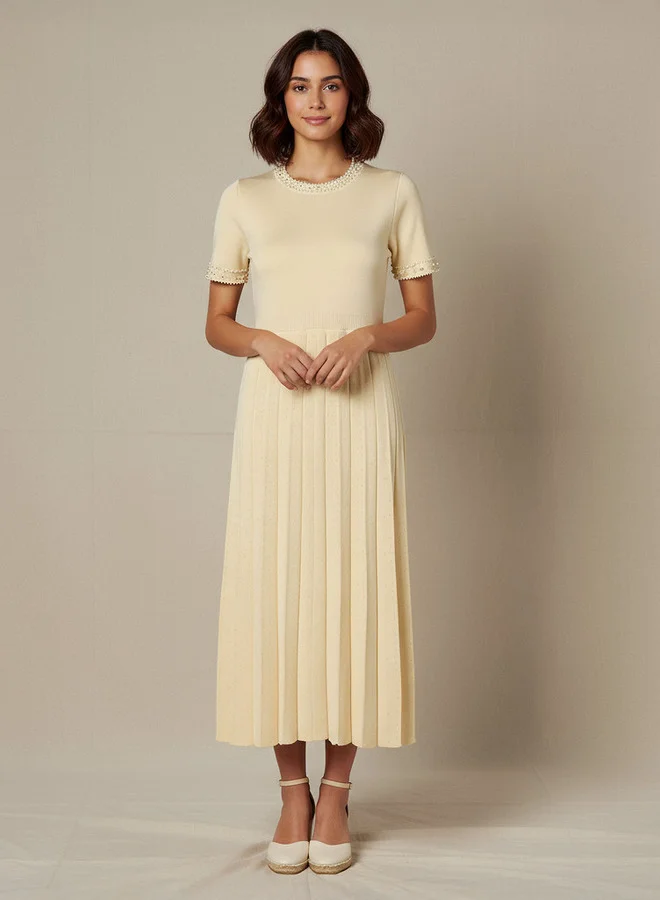 2Xtremz 2Xtremz Pleated Midi Dress with Pearl Embellishment