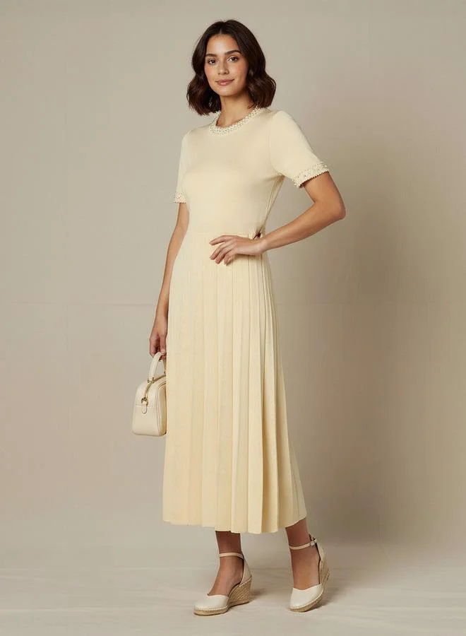 2Xtremz 2Xtremz Pleated Midi Dress with Pearl Embellishment