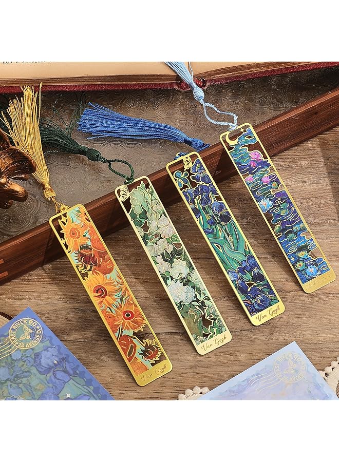 إيروريكس 4 قطع من العلامات المرجعية المعدنية مع شرابة علامة مرجعية مجوفة ذهبية اللون للوحة زيتية فان جوخ لمحبي الكتب والكتاب والقراء والأطفال والمراهقين والرجال والنساء - Image 1