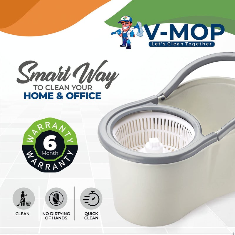 V-MOP VMop Premium Classic White Magic Dry Bucket Mop 360 Degree Self Spin Wringing with 2 Super Absorbers for Home Office Floor Mop Set 6 Months Warranty on Rod Set - Image 2
