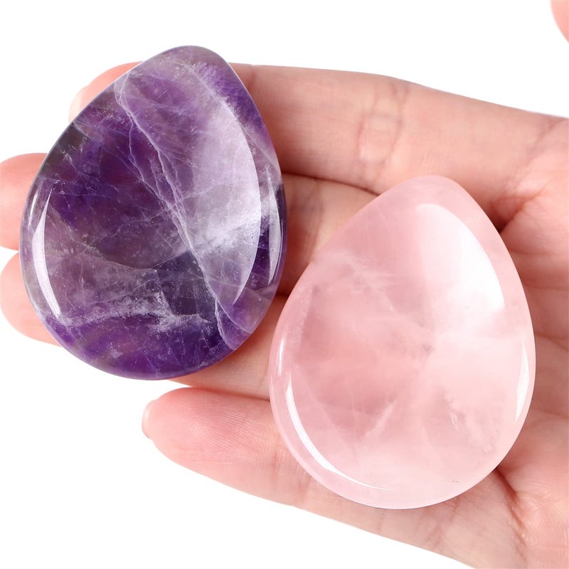 YATOJUZI 2PCS Thumb Worry Stone Rose Quartz Amethyst Healing Crystals Sets Hand Carved Stones Gemstone Pocket Natural Stone Meditation Reiki Water Drop Shaped Palm Stone for Anxiety Therapy