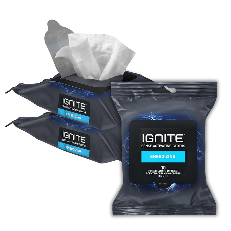 Medline Ignite Mens Body Wet Wipes Extra Thick 8 x 8 Shower Wipes Energizing Scent 10 Count Pack of 3