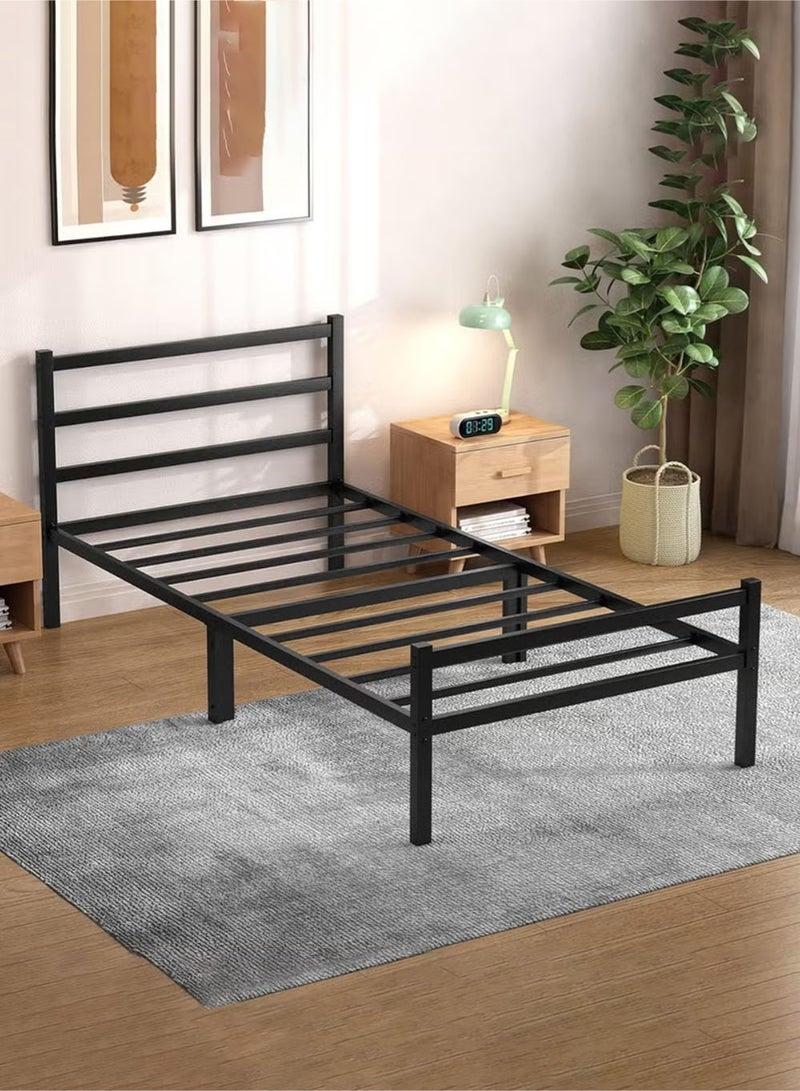 EzzySo Metal Single Bed Frame 190 x 100cm Platform Bed Base with Headboard Industrial-Style Bedroom Furniture with Storage Sturdy Steel Slatted Support Stable Weight-Bearing Mattress Base Easy Assembly Black Bedroom Design - Image 1