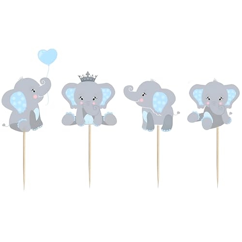 Finduat 48 Pieces Blue Elephant Cupcake Toppers for Boy Baby Shower Decorations Supplies, Baby Boy Birthday Party Supplies(Double Sided) - Image 1