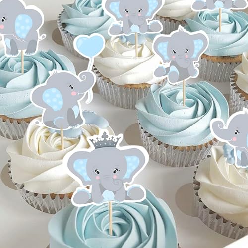 Finduat 48 Pieces Blue Elephant Cupcake Toppers for Boy Baby Shower Decorations Supplies, Baby Boy Birthday Party Supplies(Double Sided) - Image 5