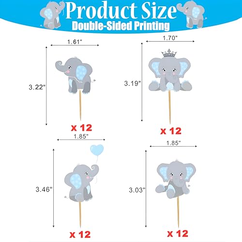 Finduat 48 Pieces Blue Elephant Cupcake Toppers for Boy Baby Shower Decorations Supplies, Baby Boy Birthday Party Supplies(Double Sided) - Image 2