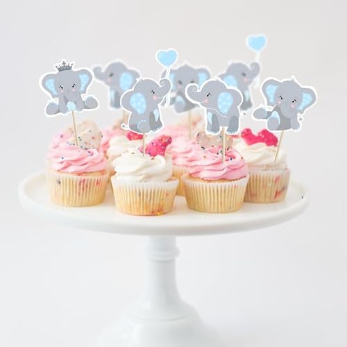 Finduat 48 Pieces Blue Elephant Cupcake Toppers for Boy Baby Shower Decorations Supplies, Baby Boy Birthday Party Supplies(Double Sided) - Image 3