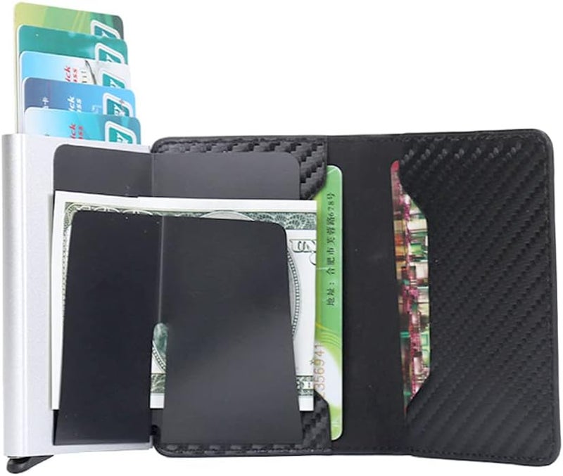 Luckam Credit Card Holder, Metal RFID Vintage Aluminium Box PU Leather for Slim Wallet, RFID Blocking Money Clip PU leather Credit Card Holder Multiple Wallet for Men And Women (Carbon Leather) - Image 5