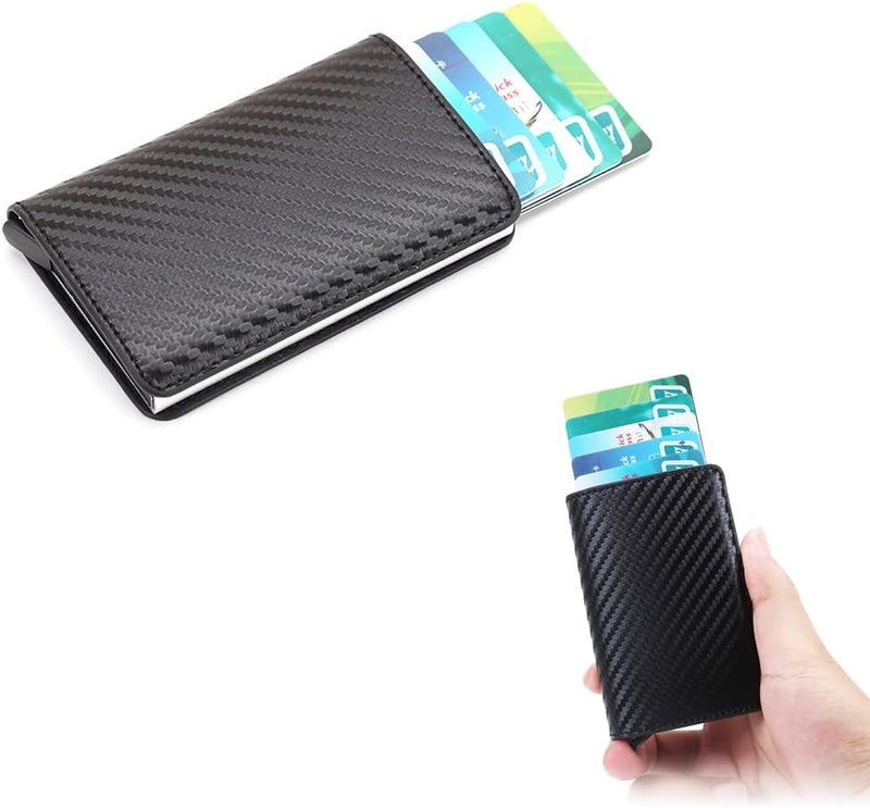 Luckam Credit Card Holder, Metal RFID Vintage Aluminium Box PU Leather for Slim Wallet, RFID Blocking Money Clip PU leather Credit Card Holder Multiple Wallet for Men And Women (Carbon Leather) - Image 1
