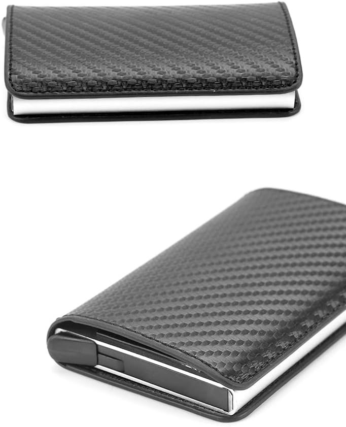 Luckam Credit Card Holder, Metal RFID Vintage Aluminium Box PU Leather for Slim Wallet, RFID Blocking Money Clip PU leather Credit Card Holder Multiple Wallet for Men And Women (Carbon Leather) - Image 3