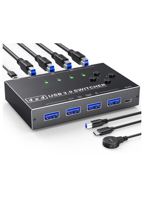 USB 3.0 Switch 4 Computers, 4 Port USB Switch Selector for 4 Computer Share 4 USB Devices, Keyboard Mouse Switch with USB Cables, USB Switcher with Wired Remote and 4 Standard USB-B Cables